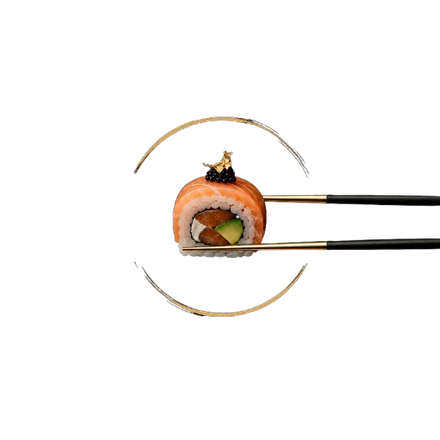 STUN sushi roll held by chopsticks